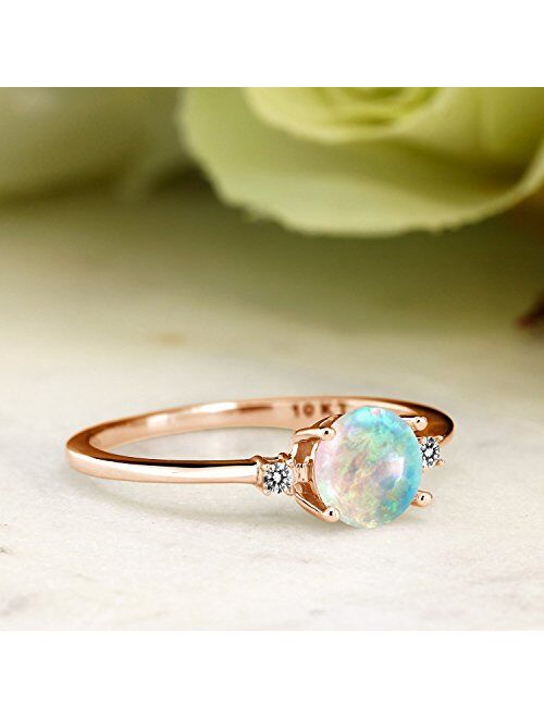 Gem Stone King 10K Rose Gold Engagement Solitaire Ring set with 0.33 Ct Round Cabochon White Simulated Opal and White Diamonds (Available 5,6,7,8,9)