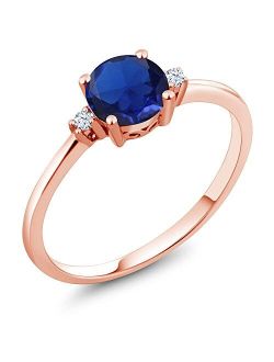 Gem Stone King 10K Rose Gold Blue Created Sapphire and White Created Sapphires Women Engagement Solitaire Ring (0.78 Ct Round, Available 5,6,7,8,9)