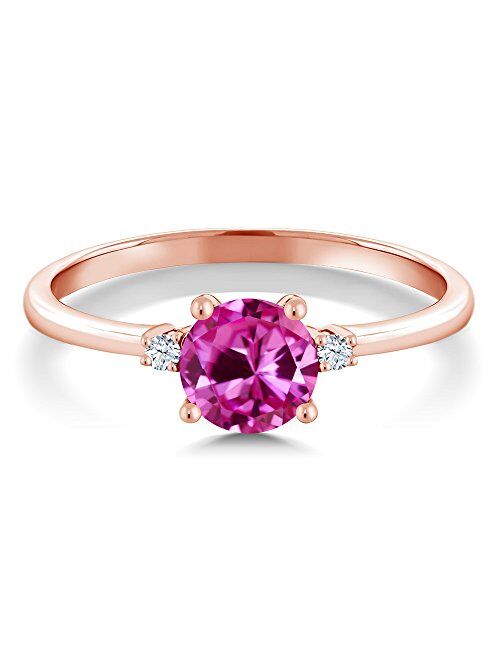 Gem Stone King 10K Rose Gold Engagement Solitaire Ring set with 1.03 Ct Round Pink Created Sapphire and White Created Sapphires (Available 5,6,7,8,9)