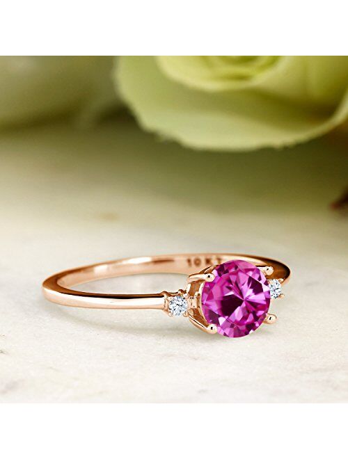 Gem Stone King 10K Rose Gold Engagement Solitaire Ring set with 1.03 Ct Round Pink Created Sapphire and White Created Sapphires (Available 5,6,7,8,9)