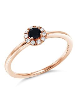 Gem Stone King 0.18 Ct Round Black Onyx G/H Lab Grown Diamond 10K Rose Gold Ring