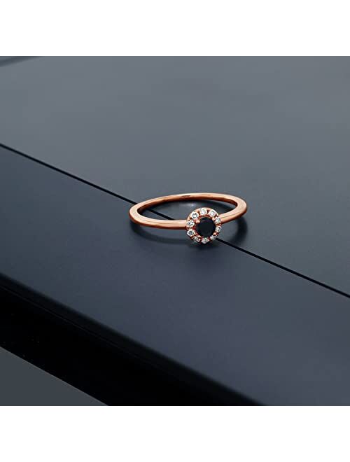 Gem Stone King 0.18 Ct Round Black Onyx G/H Lab Grown Diamond 10K Rose Gold Ring