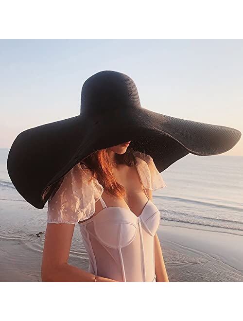 Tianyaoutdoor Oversized Beach Straw Hats for Women Extra Large Wide Brim Beach Hat Foldable Roll up Floppy Sun Hat Summer Outdoor