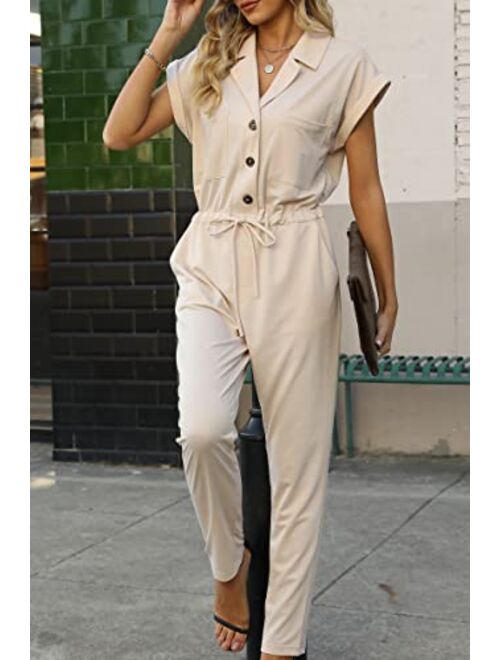 Bellivera Women Summer Short Sleeve Casual Jumpsuits Drawstring Belt Elegant Button Down One Piece Long Pant Romper