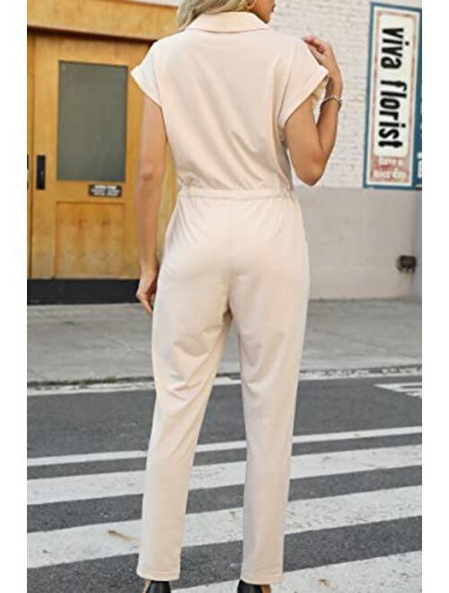 Bellivera Women Summer Short Sleeve Casual Jumpsuits Drawstring Belt Elegant Button Down One Piece Long Pant Romper