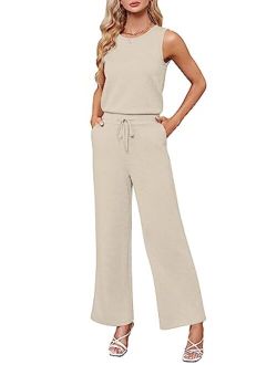 Sarin Mathews Air Essentials Jumpsuits for Women Casual Wide Leg Long Pants Jumpsuit Sleeveless Belted Rompers with Pockets