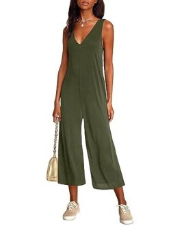 Sucolan Rompers for Women Summer Sleeveless Jumpsuit V Neck Capri Rompers for Women
