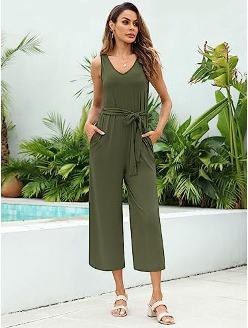 Sucolan Rompers for Women Summer Sleeveless Jumpsuit V Neck Capri Rompers for Women