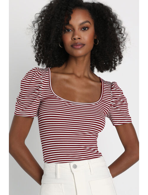 Lulus Chic Arrival Red and White Striped Short Sleeve Top