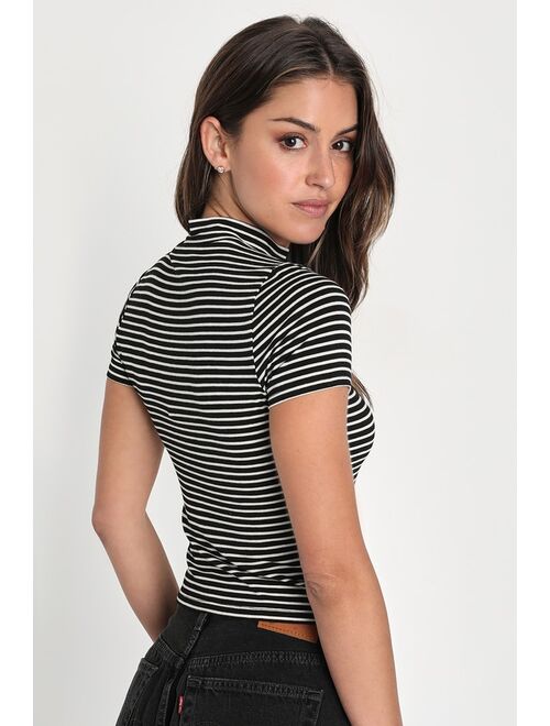 Lulus Smart Sweetie Black and White Striped Mock Neck Top