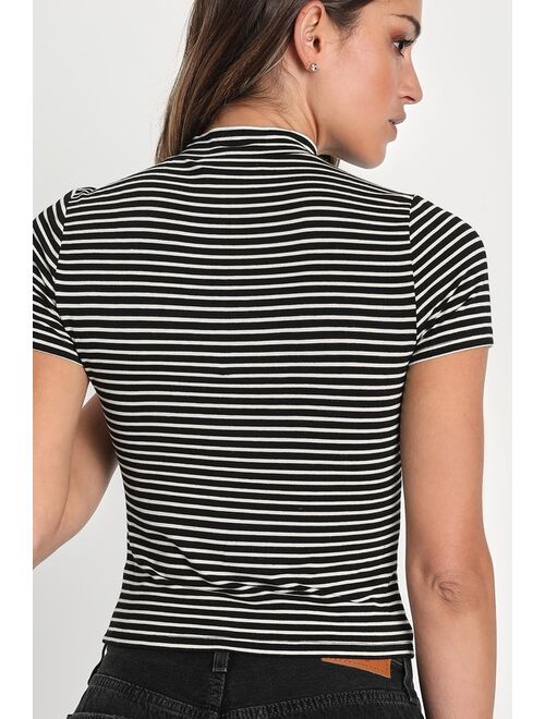 Lulus Smart Sweetie Black and White Striped Mock Neck Top