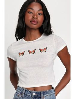 Monarch Moment White Burnout Cropped Graphic Tee