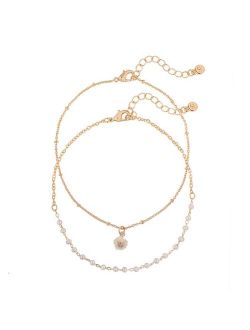 LC Lauren Conrad Gold Tone Simulated Pearl & Crystal Flower Charm 2-Pack Ankle Bracelets Set