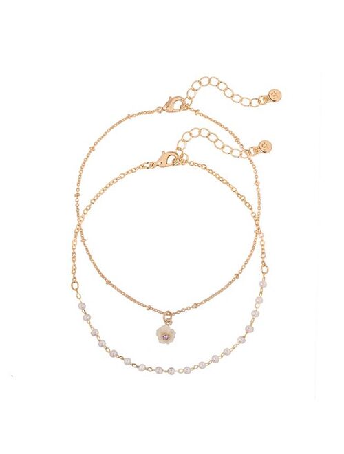 Little Co. by Lauren Conrad LC Lauren Conrad Gold Tone Simulated Pearl & Crystal Flower Charm 2-Pack Ankle Bracelets Set