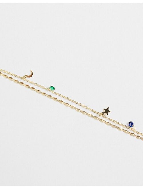 ASOS DESIGN anklet with celestial and bead design in gold tone
