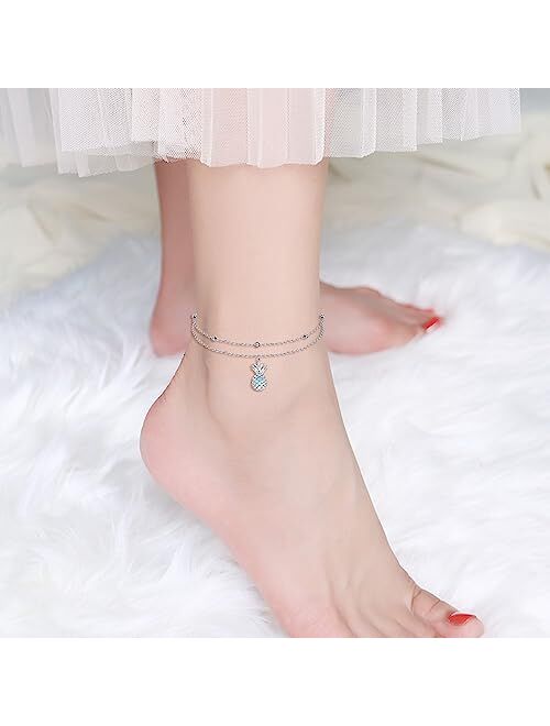 YAFEINI Pineapple Anklet 925 Sterling Silver Pineapple Anklets Beach Layered Ankle Bracelets Boho Summer Hawaii Link Chain Anklets Jewelry Gifts for Women Girls