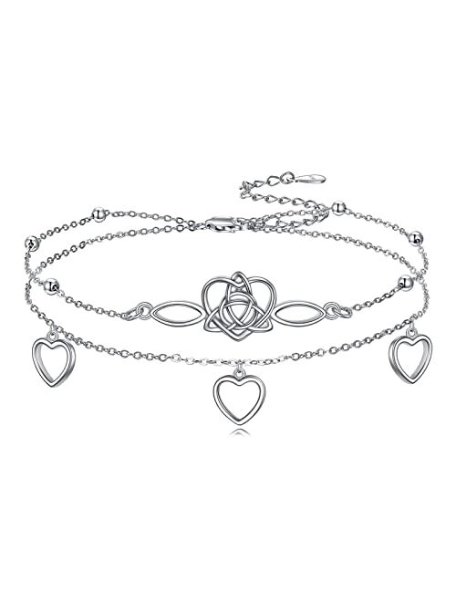 VONALA Infinity Heart/Celtic Heart/Evil Eye Bracelet Adjustable 925 Sterling Silver Infinity Love Heart Symbol Charm Anklet Bracelet for Women Doublelayer Beach Foot Chai