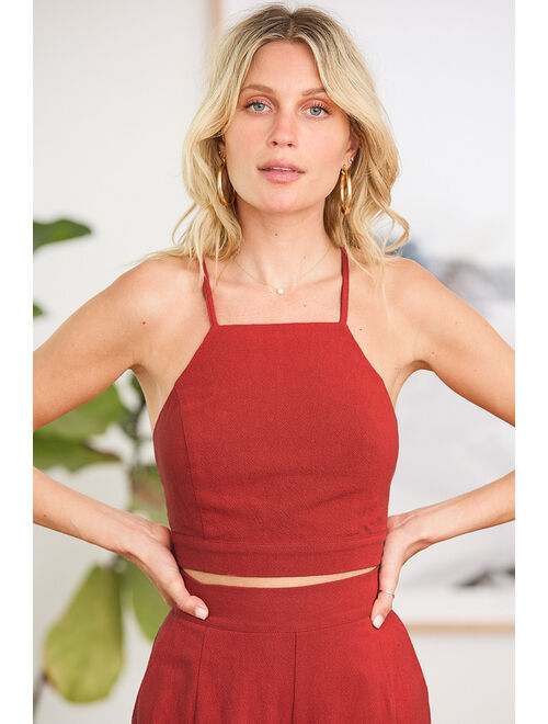 Lulus Sail With Me Rust Red Tie-Back Cropped Tank Top