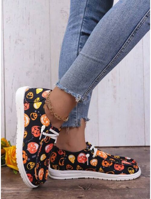 Shein Halloween Pumpkin Printed Slip-on Shoes With Laces, Women's Solid Color Casual Shoes