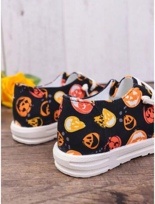 Shein Halloween Pumpkin Printed Slip-on Shoes With Laces, Women's Solid Color Casual Shoes