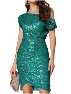Women's Sequin Dress One Shoulder Sparkly Glitter Ruched Bodycon Party Night Out Club Dresses