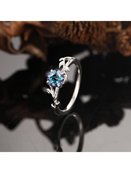 Frayerr Gift for Her - Art Deco Leaf Shaped Alexandrite Ring - Brilliant 1.00 Carat Created Alexandrite Ring - Platinum Plated 925 Silver Purple Green Gemstone Ring - Col