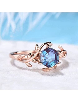 Bbbgem 1ct Hexagon Alexandrite Ring Vintage Sterling Silver Leaf Solitaire Ring Color Change Stone Ring Anniversary Gift Women June Birthstone Ring,with Gift Box