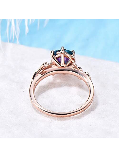 Bbbgem 1ct Hexagon Alexandrite Ring Vintage Sterling Silver Leaf Solitaire Ring Color Change Stone Ring Anniversary Gift Women June Birthstone Ring,with Gift Box