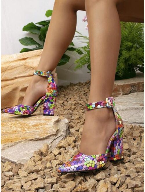 Kent Wong Shoes Women Color Block Geometric Pattern Point Toe Chunky Heeled Pumps, Fashion Summer Ankle Strap Pumps