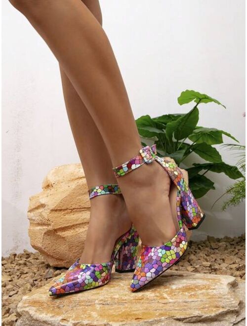 Kent Wong Shoes Women Color Block Geometric Pattern Point Toe Chunky Heeled Pumps, Fashion Summer Ankle Strap Pumps