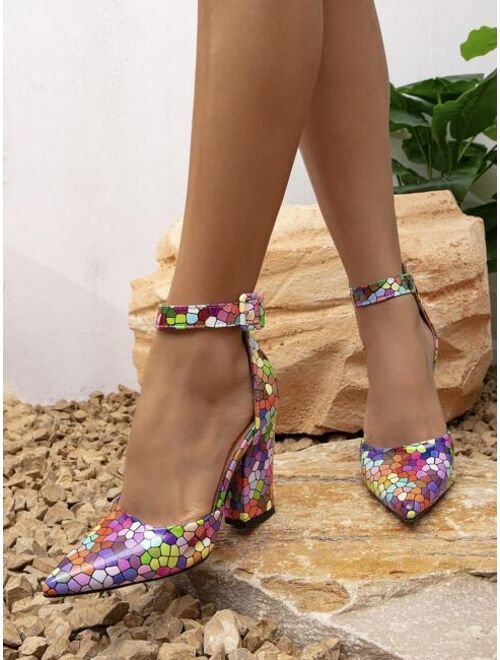 Kent Wong Shoes Women Color Block Geometric Pattern Point Toe Chunky Heeled Pumps, Fashion Summer Ankle Strap Pumps