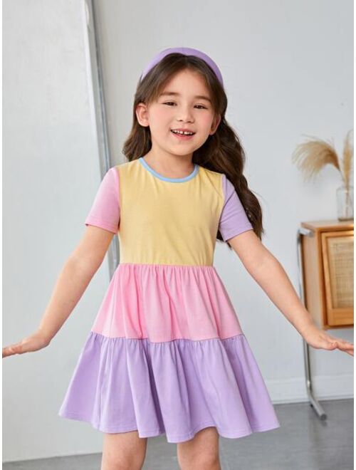 SHEIN Kids EVRYDAY Toddler Girls Colorblock Ruffle Hem Smock Dress