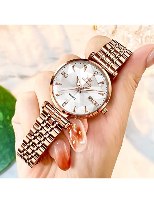 OLEVS Women Watch Fashion Rose Gold Diamond Analog Quartz Female Watch for Women Luxury Dress Ladies Stainless Steel Luminous Waterproof Date Wrist Watches