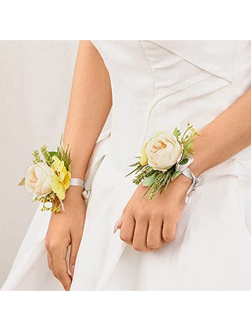 Campsis Wedding Bride Flower Wrist Corsage Champagne Ribbon Leaves Wristband Bridal Bridesmaid Hand Flower Prom Party Beach Photography 2PCS