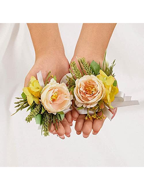 Campsis Wedding Bride Flower Wrist Corsage Champagne Ribbon Leaves Wristband Bridal Bridesmaid Hand Flower Prom Party Beach Photography 2PCS