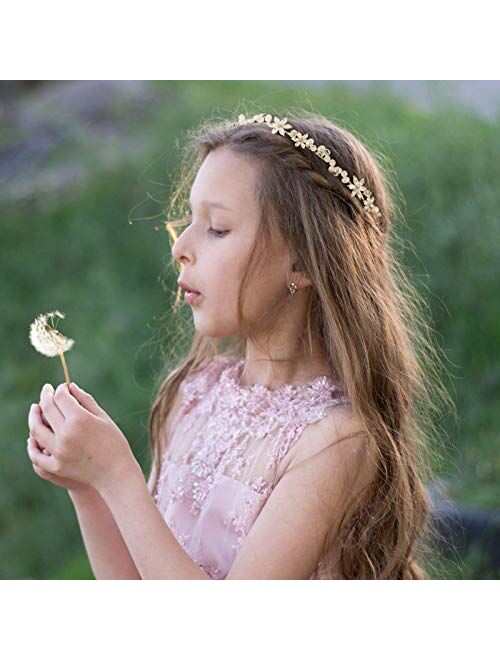 SWEETV Gold Flower Girl Headpiece for Wedding Crystal Floral Girls Headband Princess Hair Accessories for Birthday Party, Photography