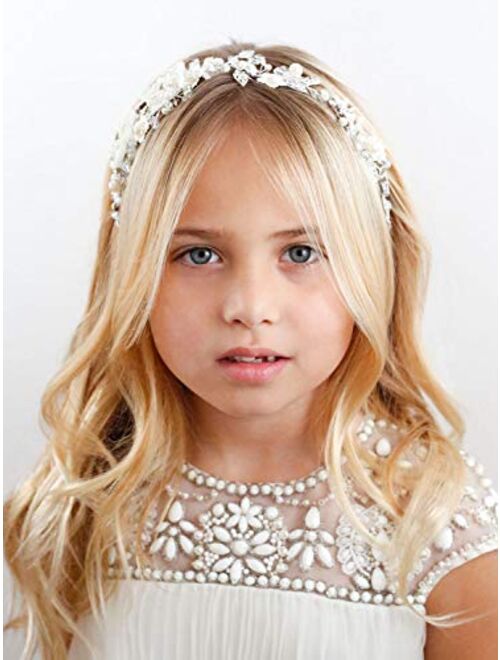 SWEETV Flower Girl Headpiece Ivory Tulle Flowers Wedding Headband for Girls, Princess Pearl Hair Accessories for Birthday Party, First Communion