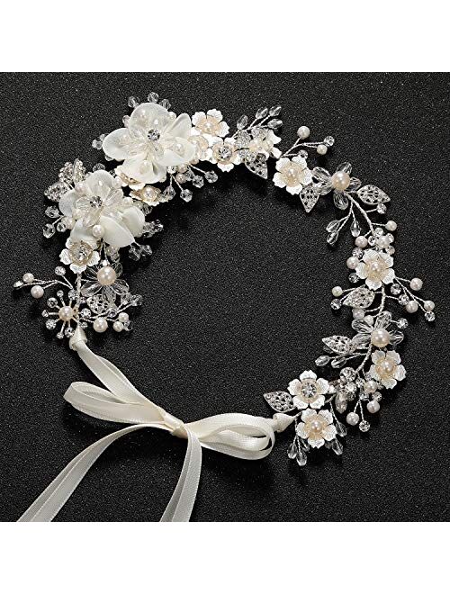 SWEETV Flower Girl Headpiece Ivory Tulle Flowers Wedding Headband for Girls, Princess Pearl Hair Accessories for Birthday Party, First Communion