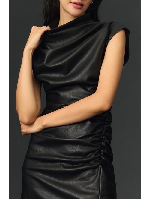 By Anthropologie The Maya Ruched Cowl-Neck Dress: Faux Leather Mini Edition