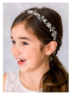 SWEETV Flower Girl Headpiece Silver Wedding Headband for Girls Princess Flowers Hair Accessories for Birthday Party