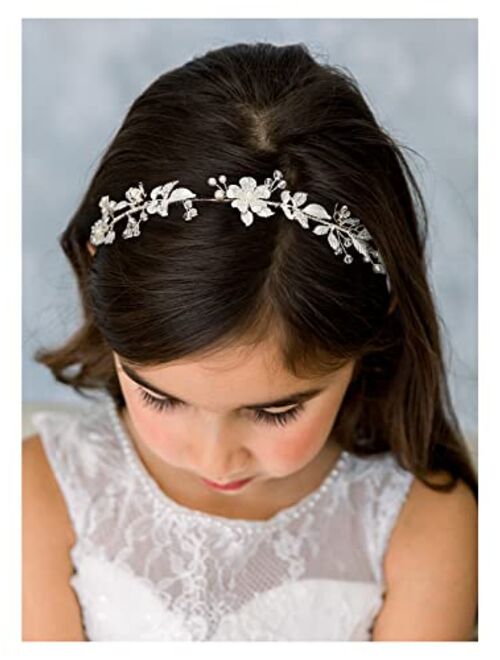 SWEETV Flower Girl Headpiece Silver Wedding Headband for Girls Princess Flowers Hair Accessories for Birthday Party