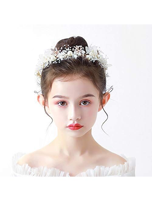 PRDGIRL Headband Wedding Flower Girls, Rhinestone Pearl Crystal Beads Fairy Gold Vine Hair Accessories for Little Girl Princess Halo Tiara
