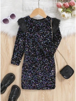 Young Girl Fuzzy Trim Sequins Dress