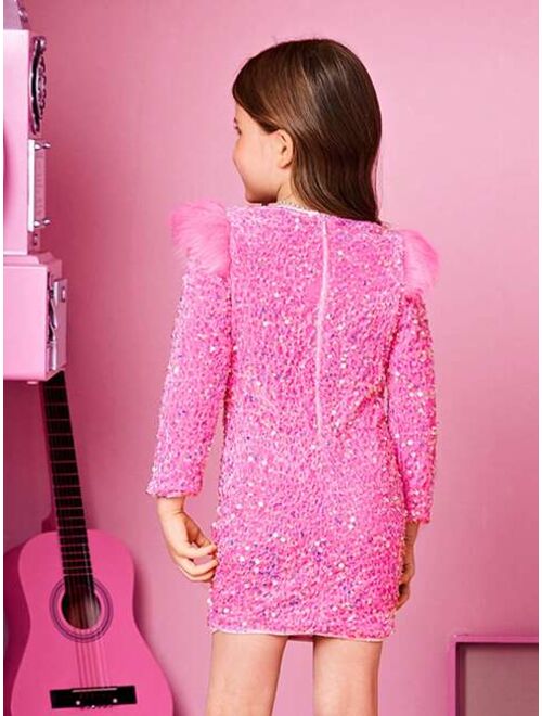 SHEIN Young Girl Fuzzy Trim Sequins Dress