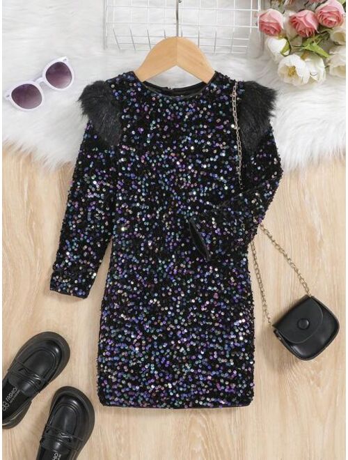 SHEIN Young Girl Fuzzy Trim Sequins Dress