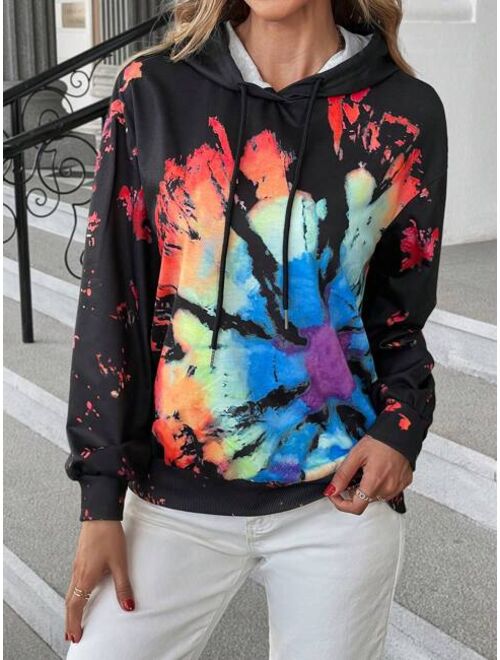 SHEIN LUNE Tie Dye Drop Shoulder Drawstring Hoodie