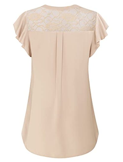 Gaharu Women's Notch V Neck Short Sleeve Chiffon Shirts Casual Lace Blouse Top