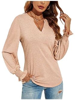 Romanstii Women's Casual V-Neck T-Shirts Loose Puff Long Sleeve Tops Tunic Blouses
