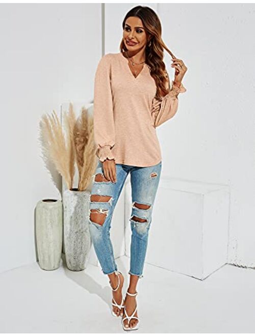 Romanstii Women's Casual V-Neck T-Shirts Loose Puff Long Sleeve Tops Tunic Blouses