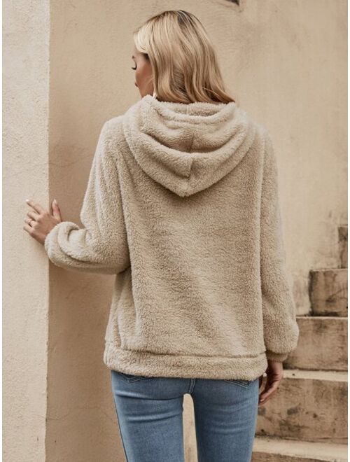 SHEIN LUNE Solid Drawstring Teddy Hoodie